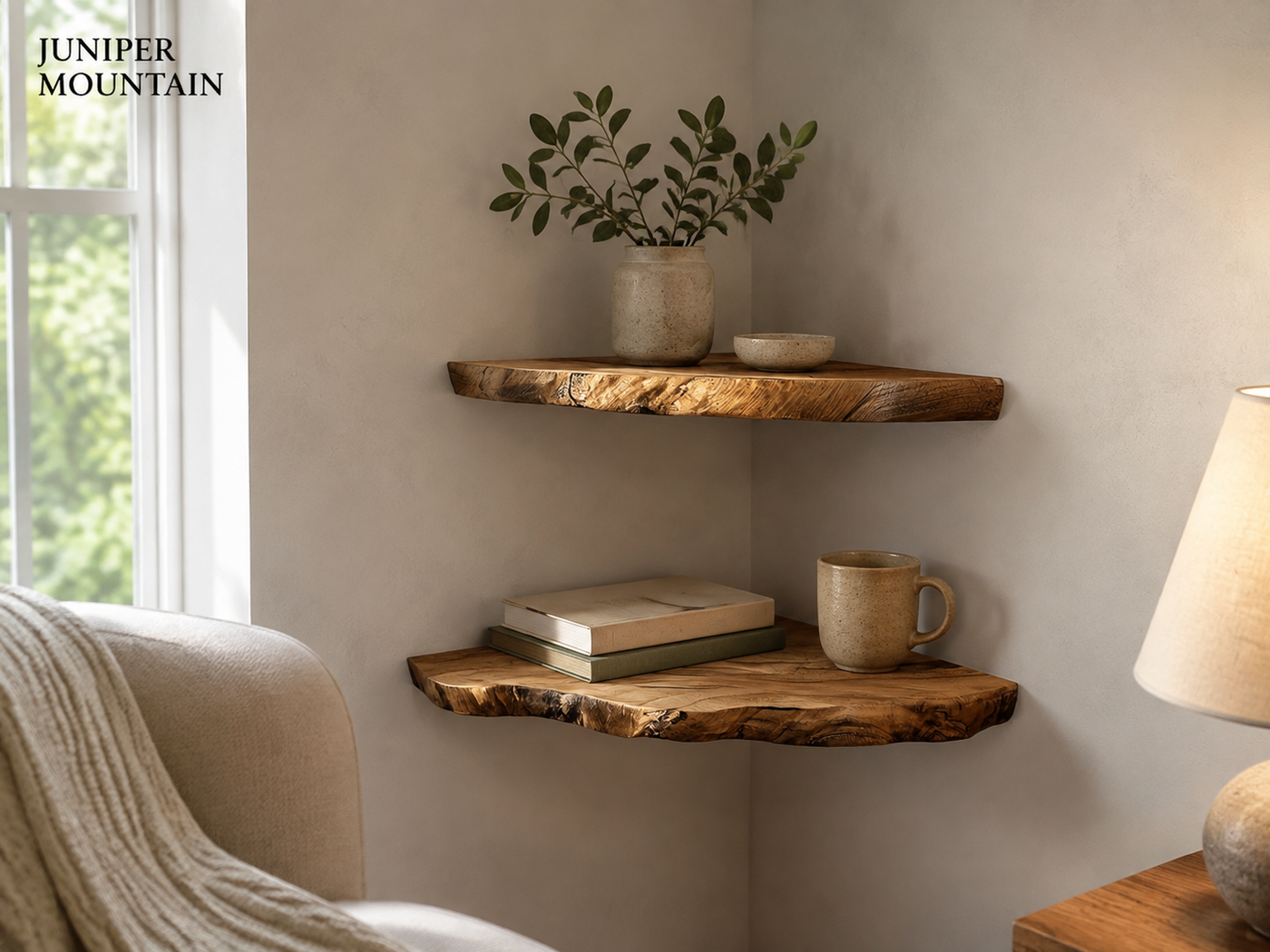 Two brown live-edge corner floating shelves in a quiet reading nook