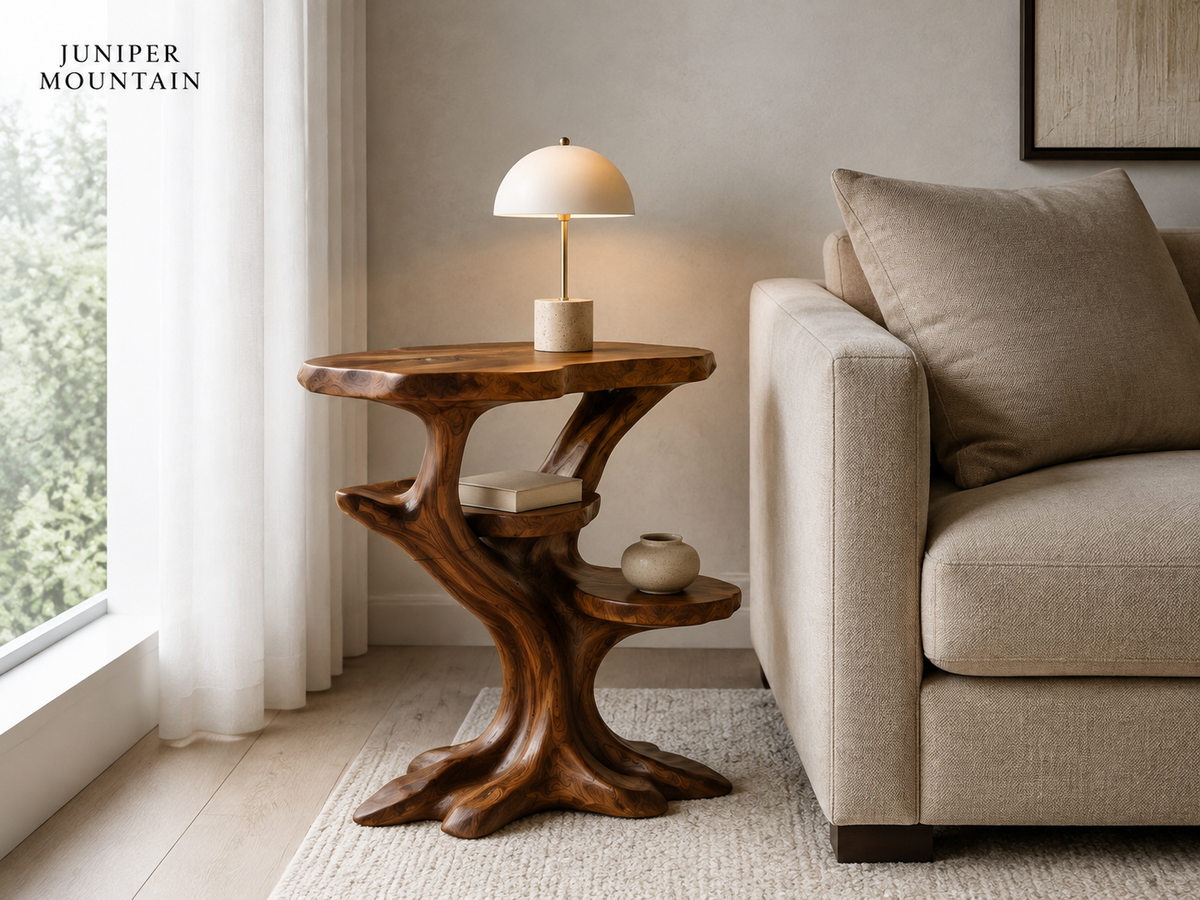 Sculptural three-tier brown wood end table beside a beige sofa