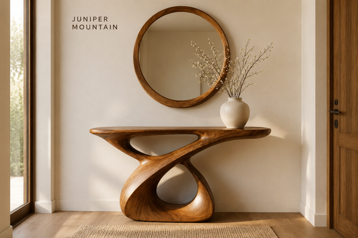 Mid-century solid wood console table in a narrow entryway, front three-quarter view