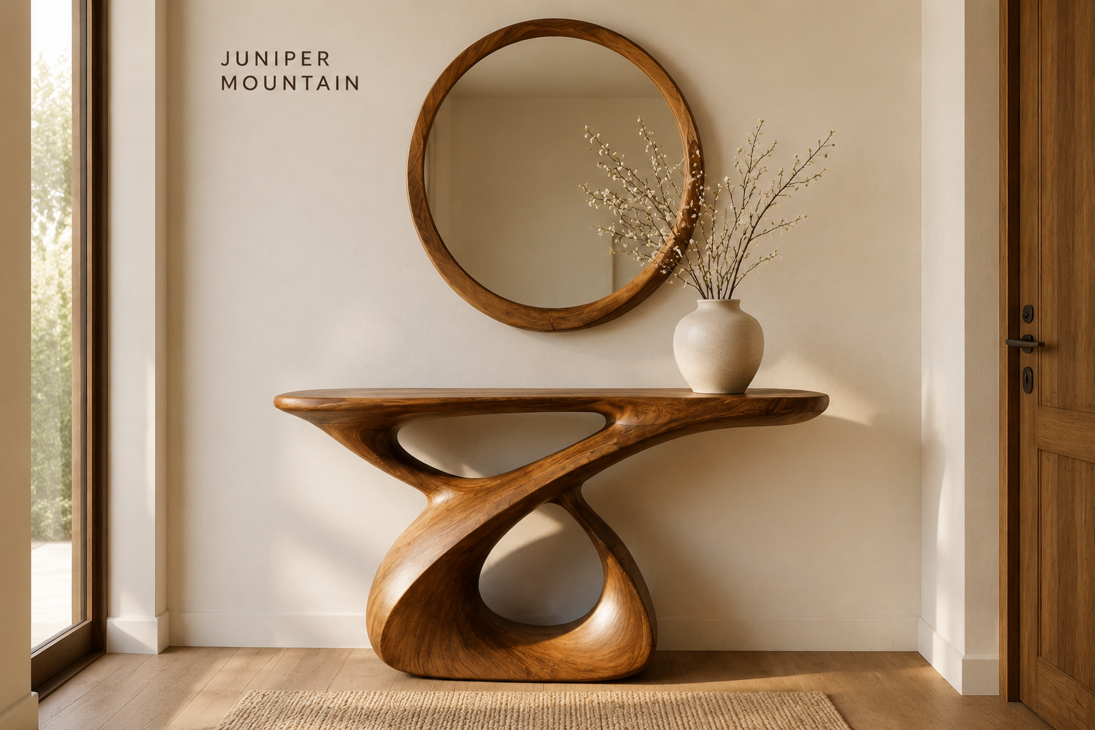 Mid-century solid wood console table in a narrow entryway, front three-quarter view