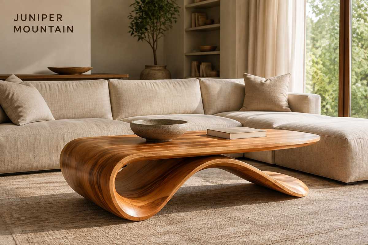 Flowing ribbon wood coffee table styled in a quiet neutral living room