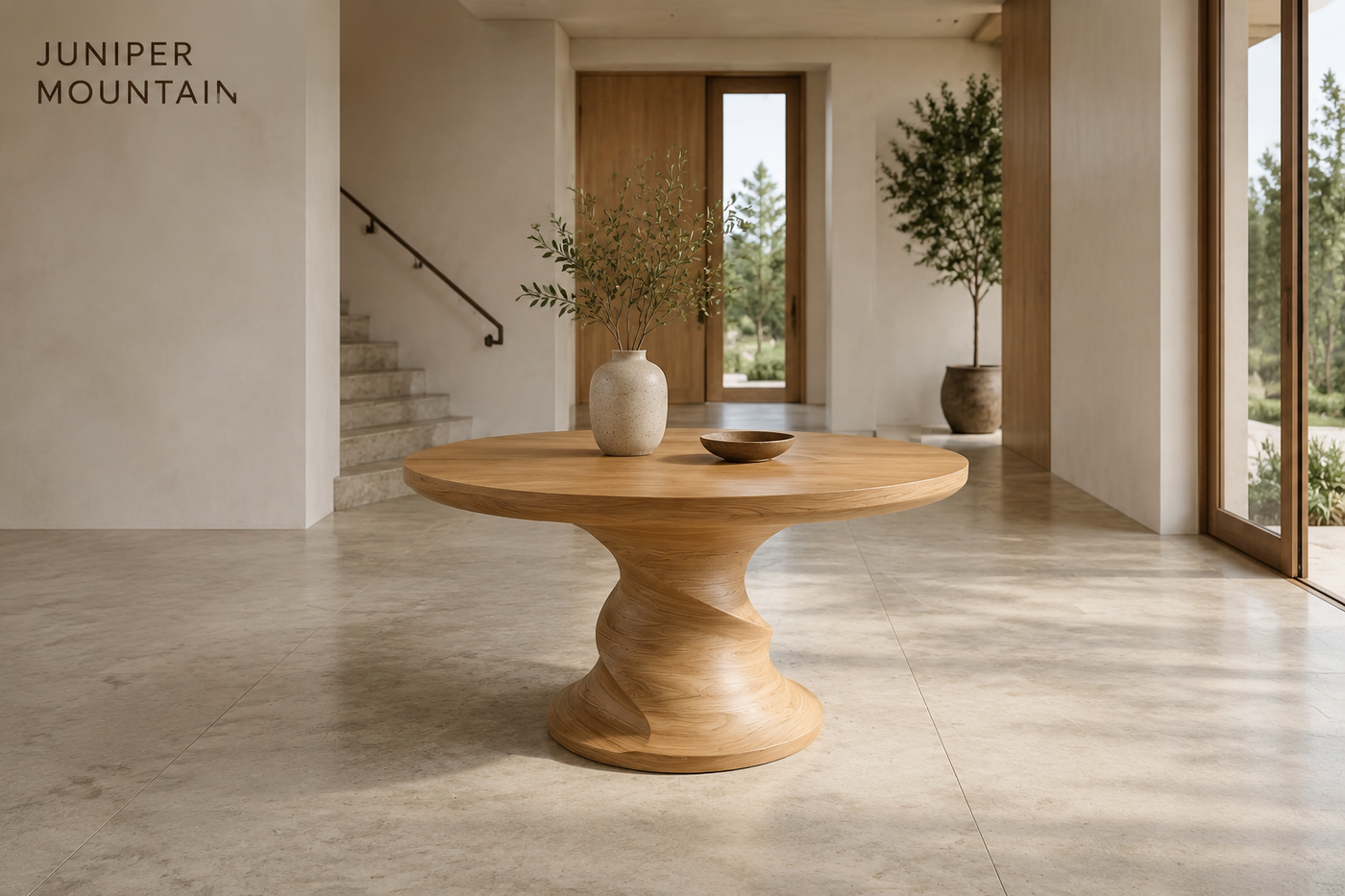 Oak round foyer table centered in an open entry hall with clear circulation space