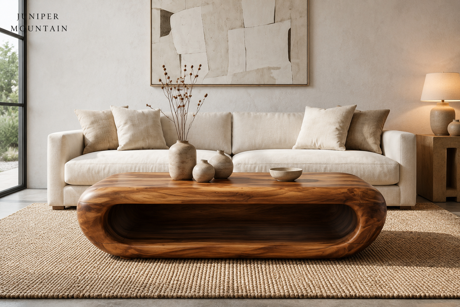 Organic wood coffee table shown front-on in a warm neutral living room