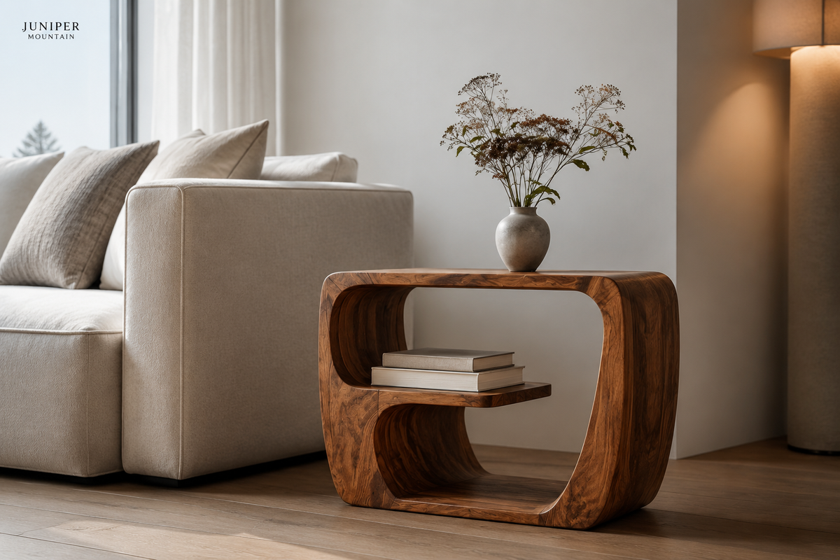Rounded brown end table with open storage beside a cream sofa