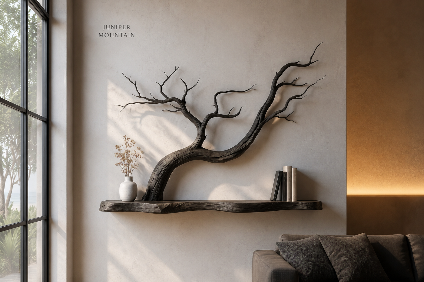 Wall tree bookshelf with one long shelf and branching dark wood silhouette