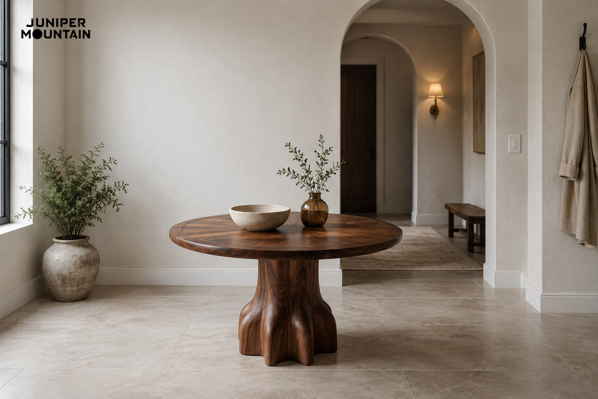 Brown round foyer table with a cream bowl and amber vase in a pale entry hall