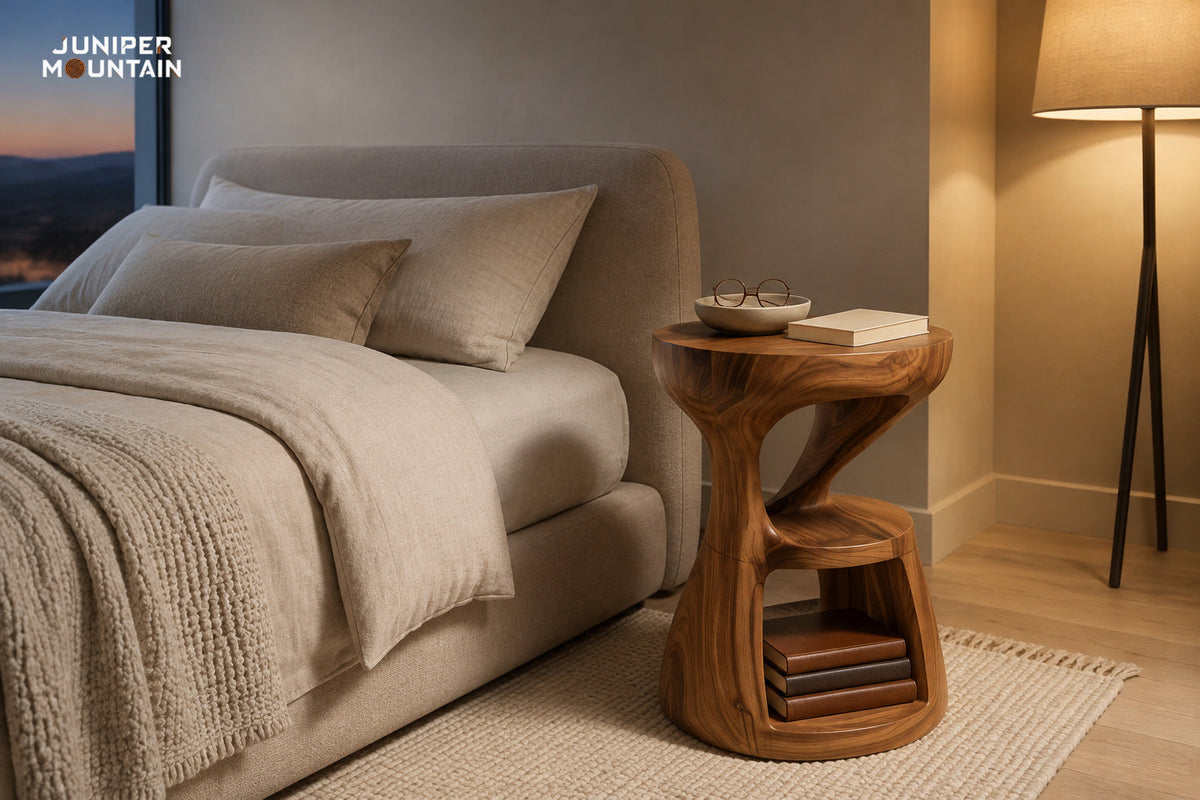 Sculptural brown wood side table beside an oatmeal bed, with glasses, a blank book and lower open storage; generated styling illustration.