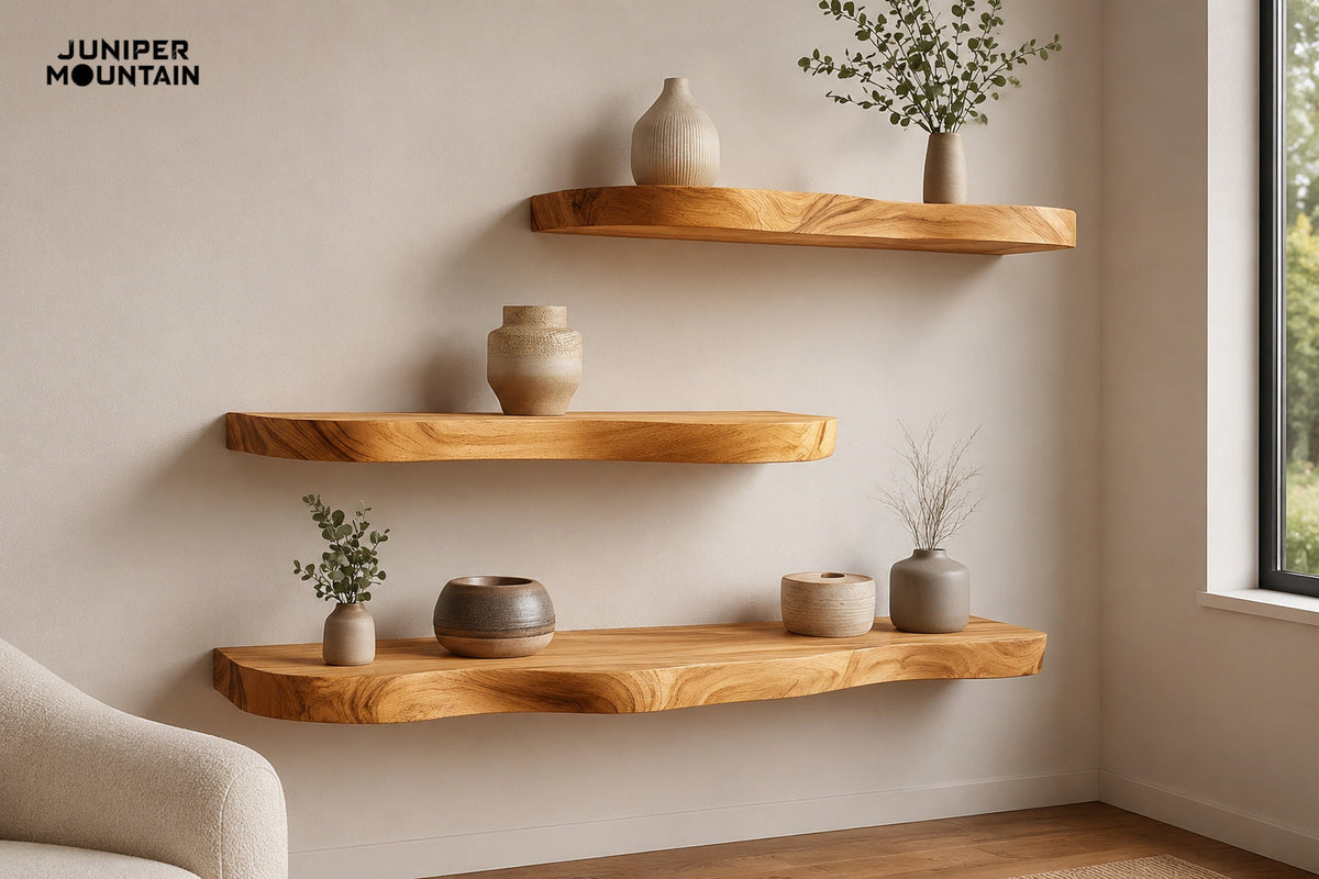 Three separate honey-toned floating wood shelves staggered on a plaster wall with neutral ceramics; generated layout illustration.