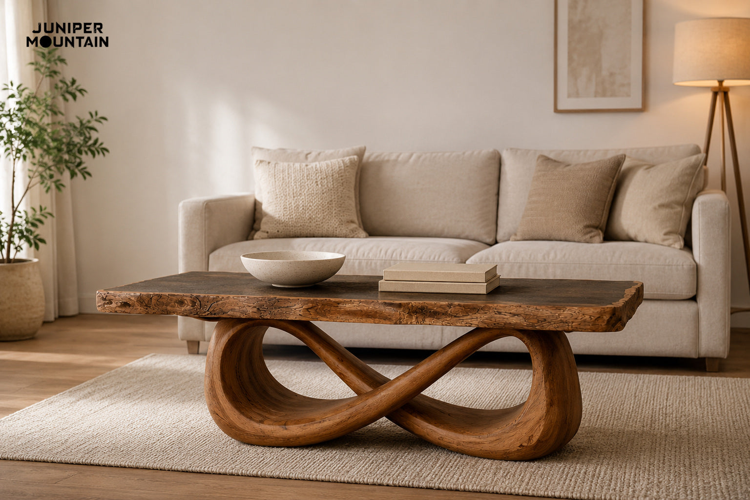 Sculptural loop wood coffee table in a calm living room, shown straight on with a bowl and two blank books.