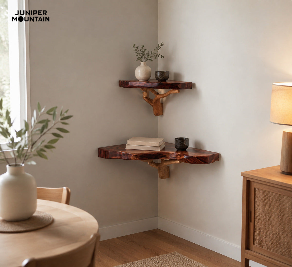 Two separate live-edge corner shelves with branch supports in a neutral dining nook.