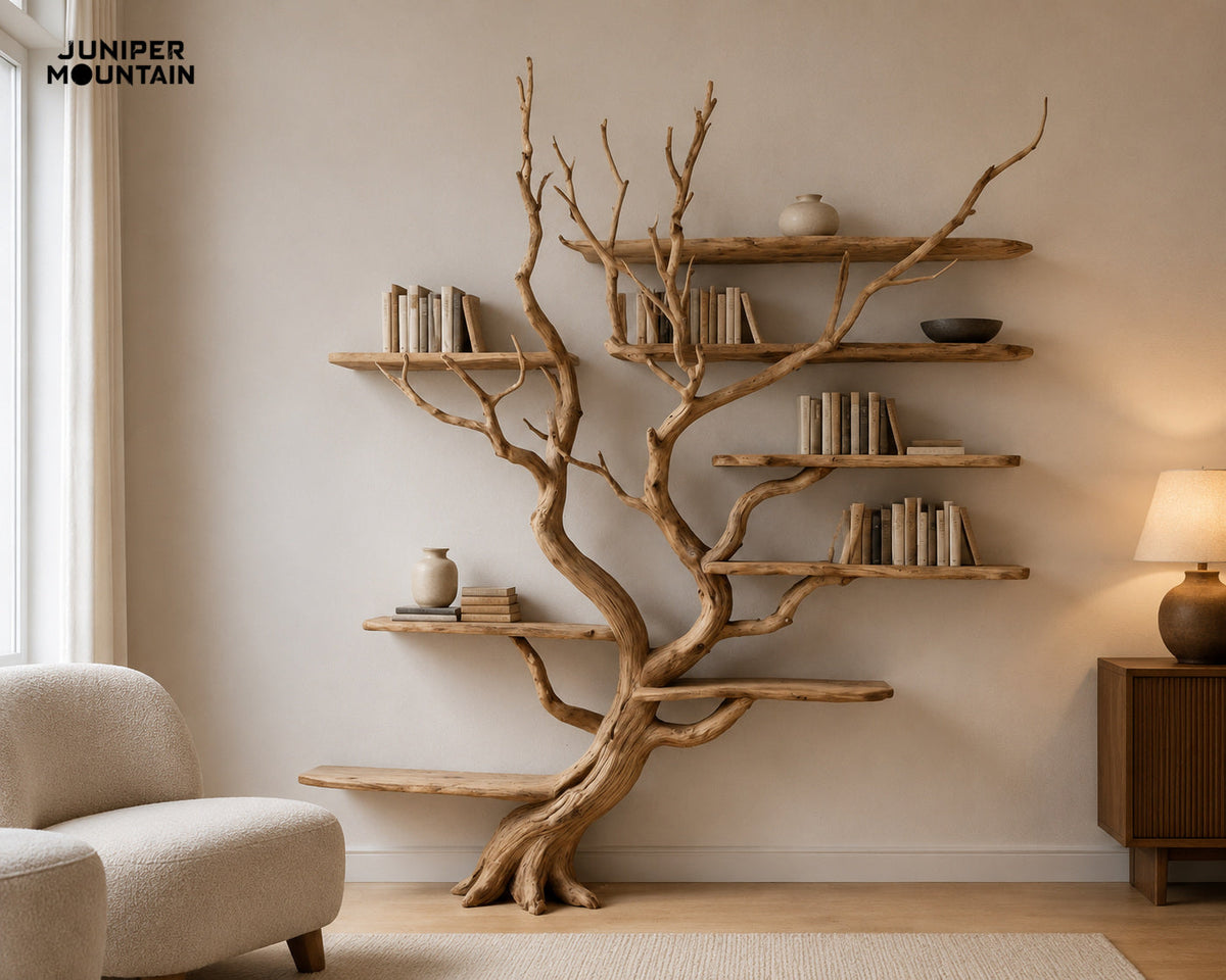 Straight-on view of an eight-shelf tree bookshelf with an asymmetric branch structure.