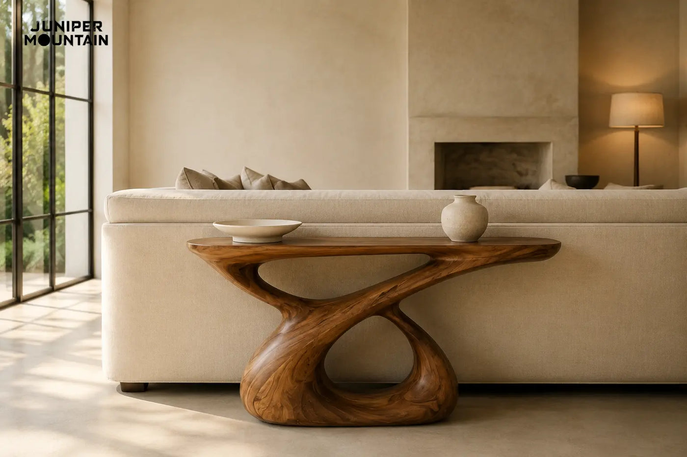 AI room-layout illustration of a brown sculptural two-opening console behind a cream linen sofa.