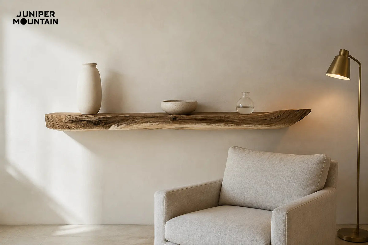 AI styling illustration of the natural-edge wood shelf with ceramic, glass, linen and a brass floor lamp.