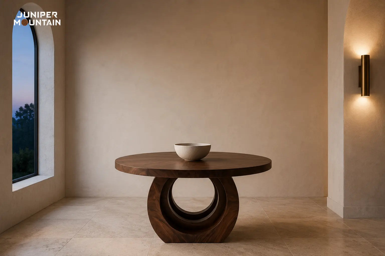 AI styling illustration of Juniper Mountain's round open-ring foyer table in a cream entrance hall at dusk.