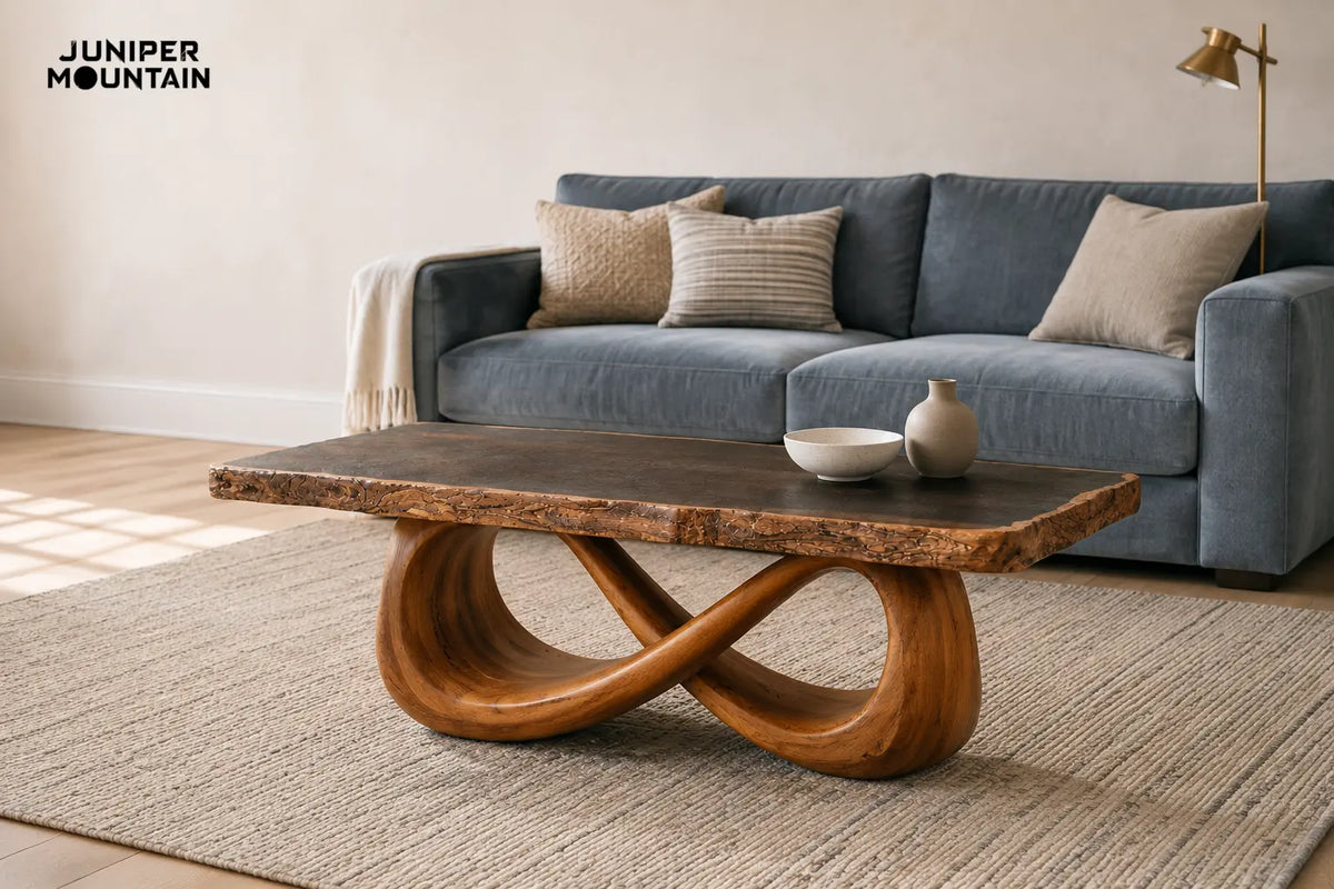 AI living-room study of a dark-top wood coffee table with an infinity-loop base on an oatmeal rug before a blue sofa