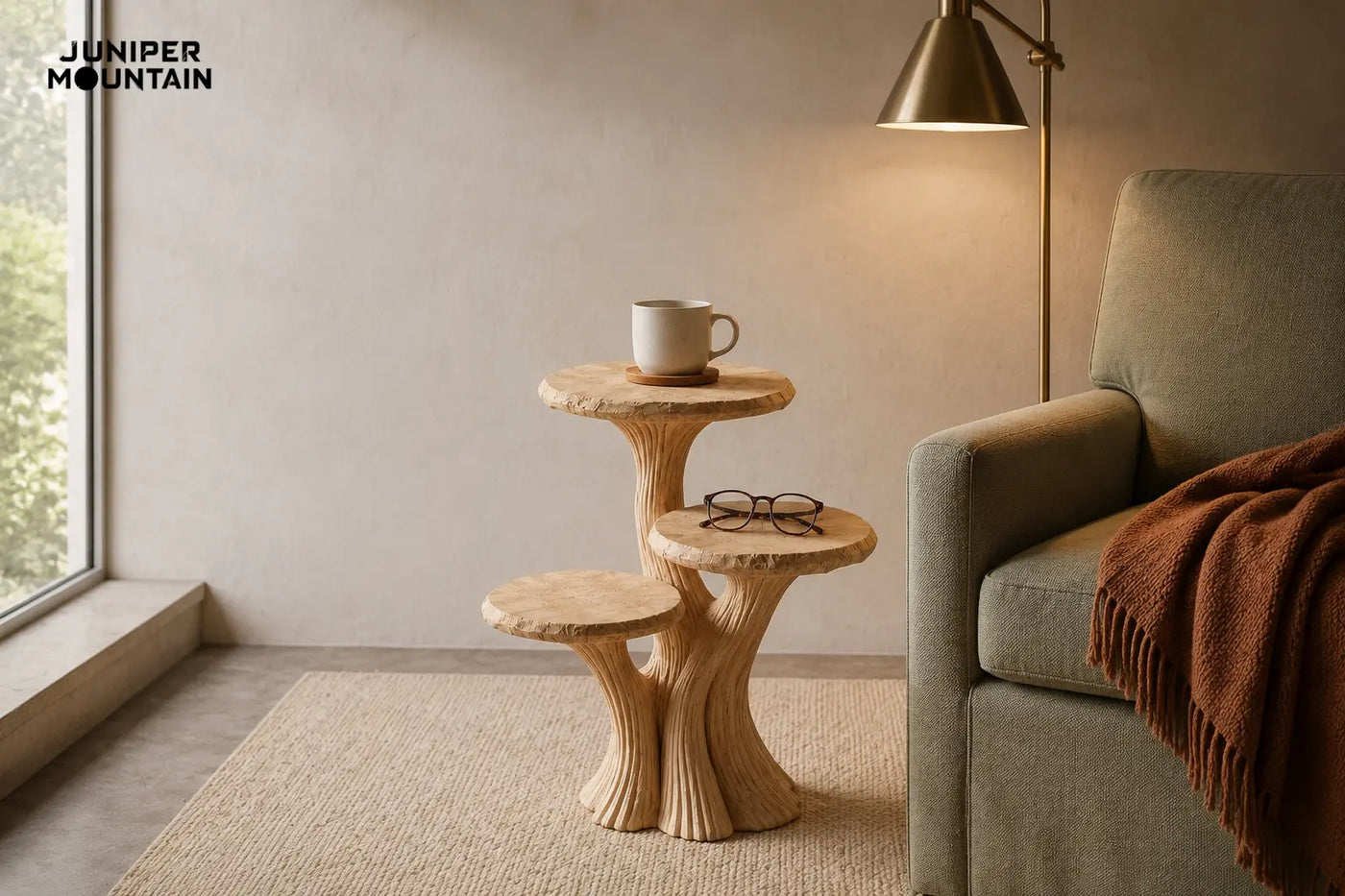 AI room study of a three-tier pale wood end table beside a sage reading chair, cream mug above and glasses on the middle tier
