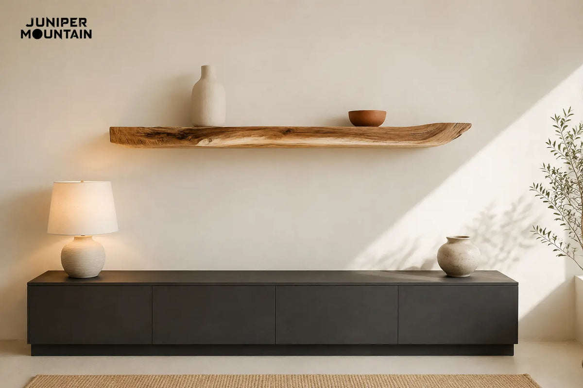 AI room study of one curved tawny wood shelf with ivory vase and terracotta bowl above a charcoal low cabinet