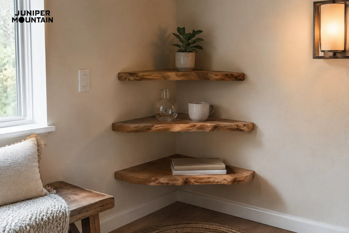 Three brown live-edge floating shelves in cool and warm corner light