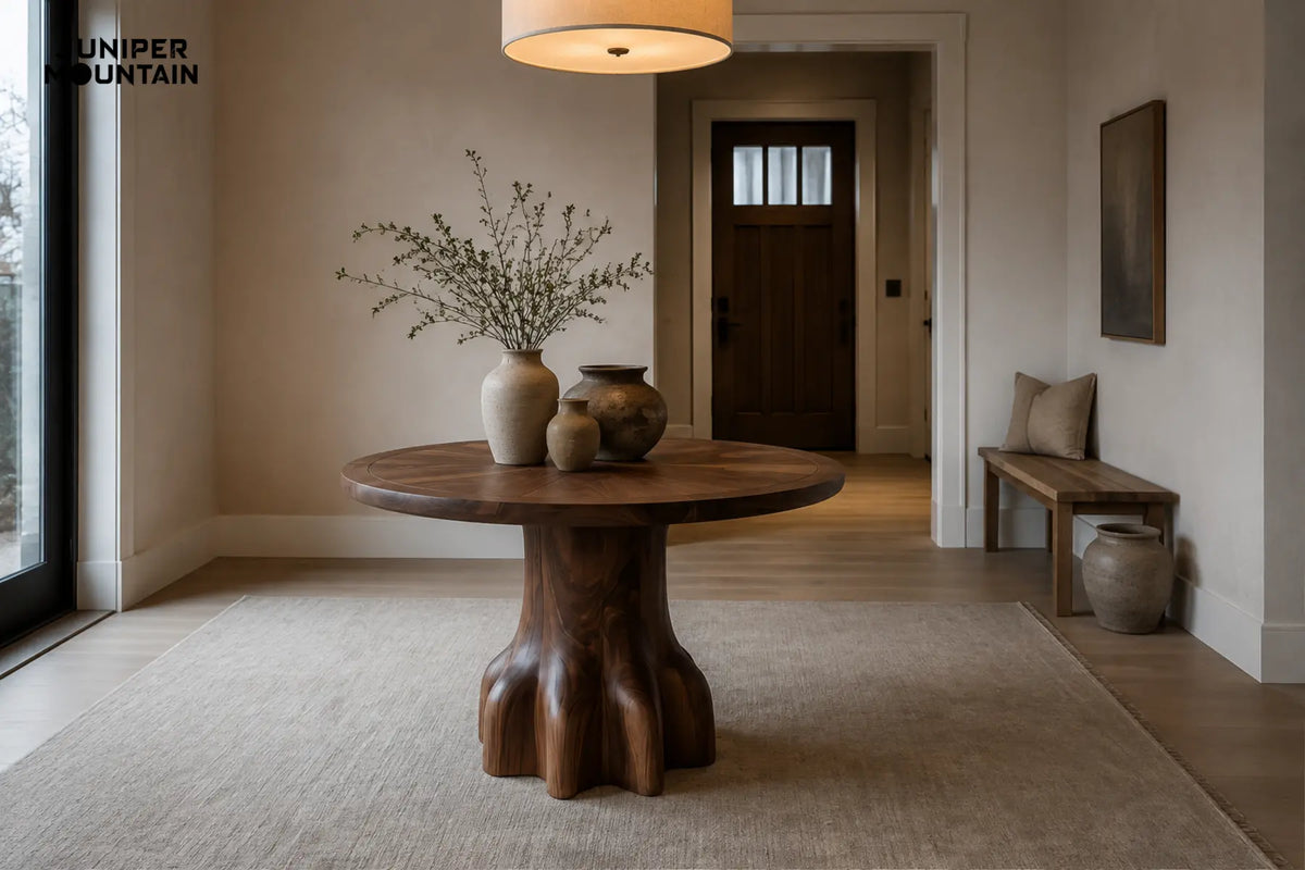 Round brown foyer table with a root-like pedestal in a residential entry