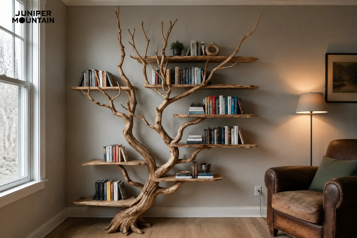 Brown wall tree bookshelf arranged in low, middle, and high reach zones