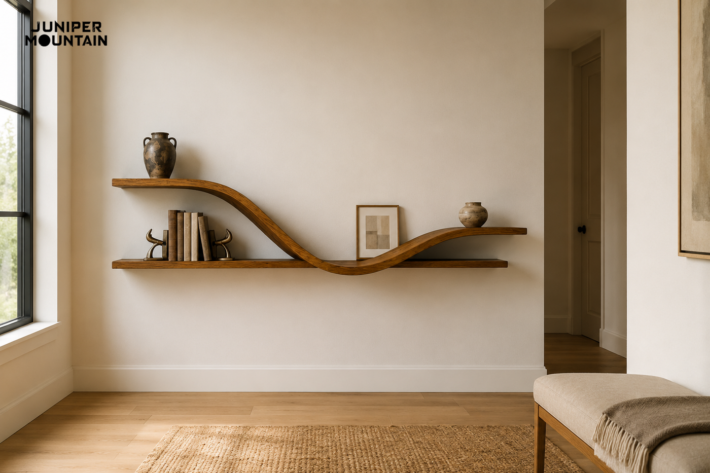 Walnut curved floating shelf in a warm hallway with Juniper Mountain logo at upper left