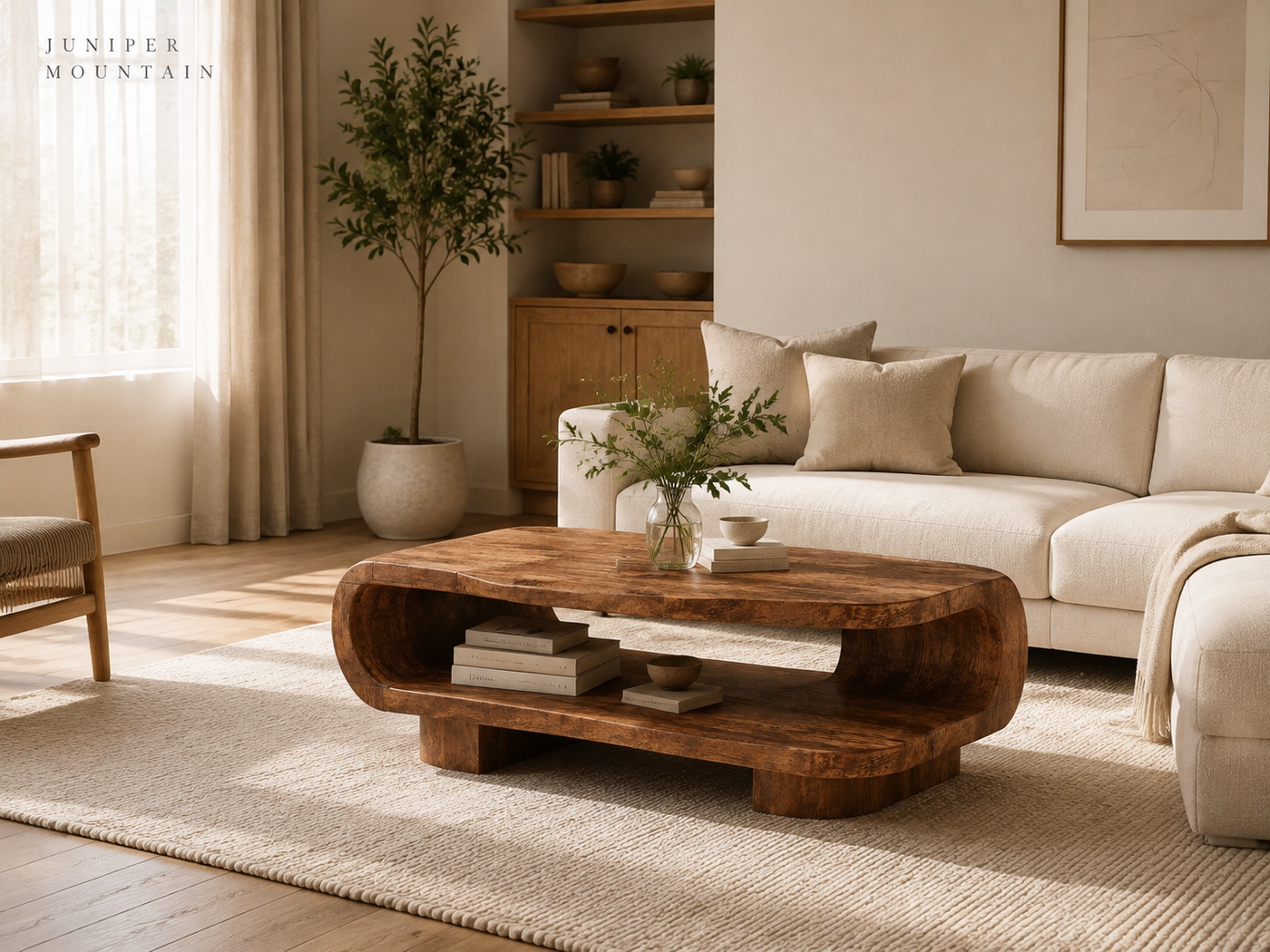 Warm modern living room with a rounded wood coffee table and open storage shelf
