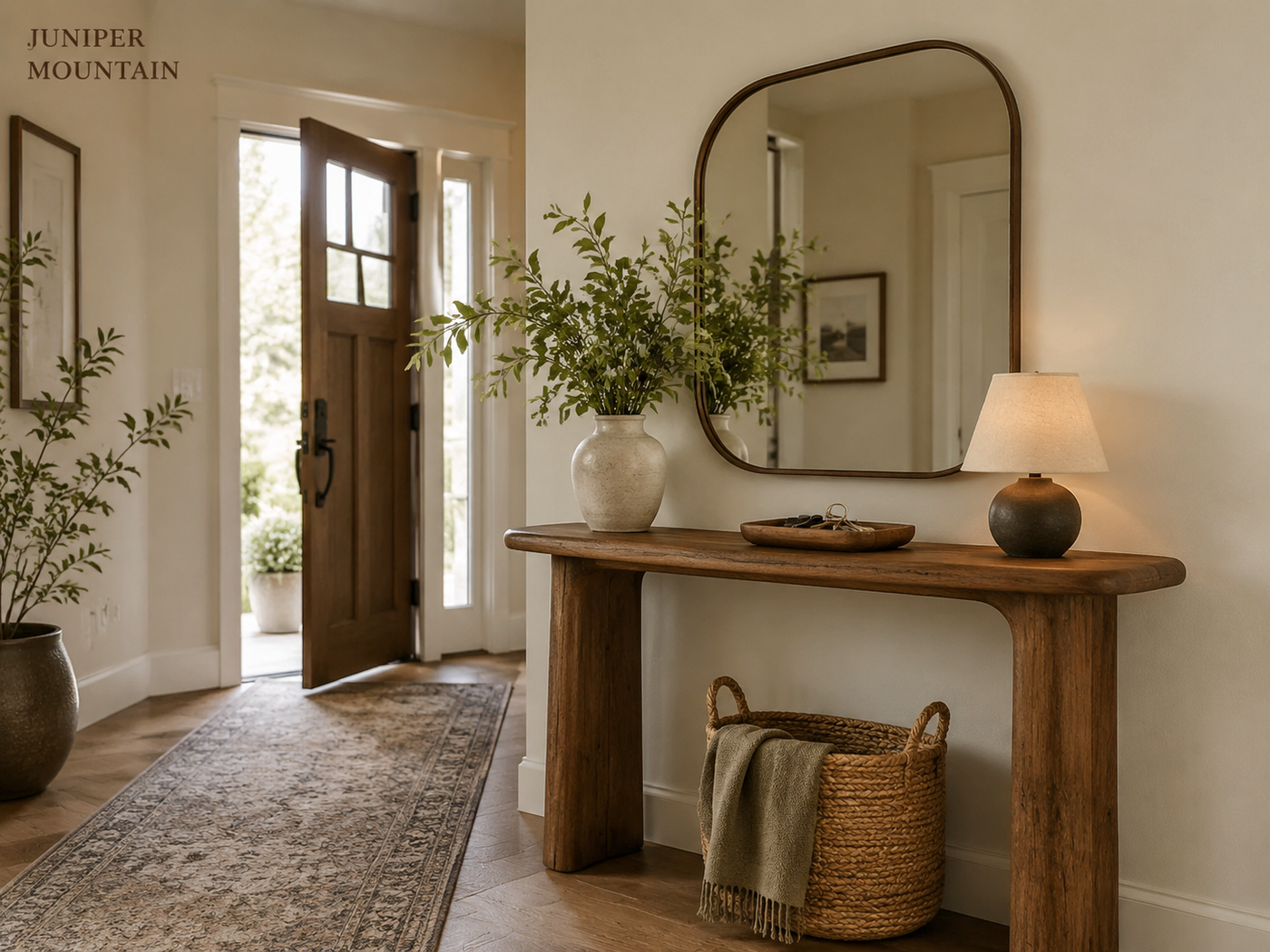 Welcoming entryway with wood console mirror lamp and woven basket