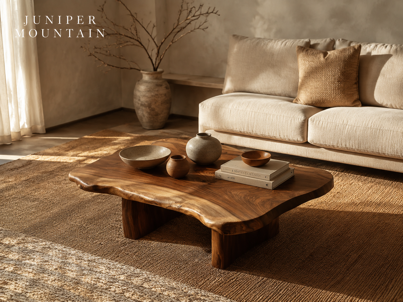 Live edge wood coffee table in a warm organic modern living room