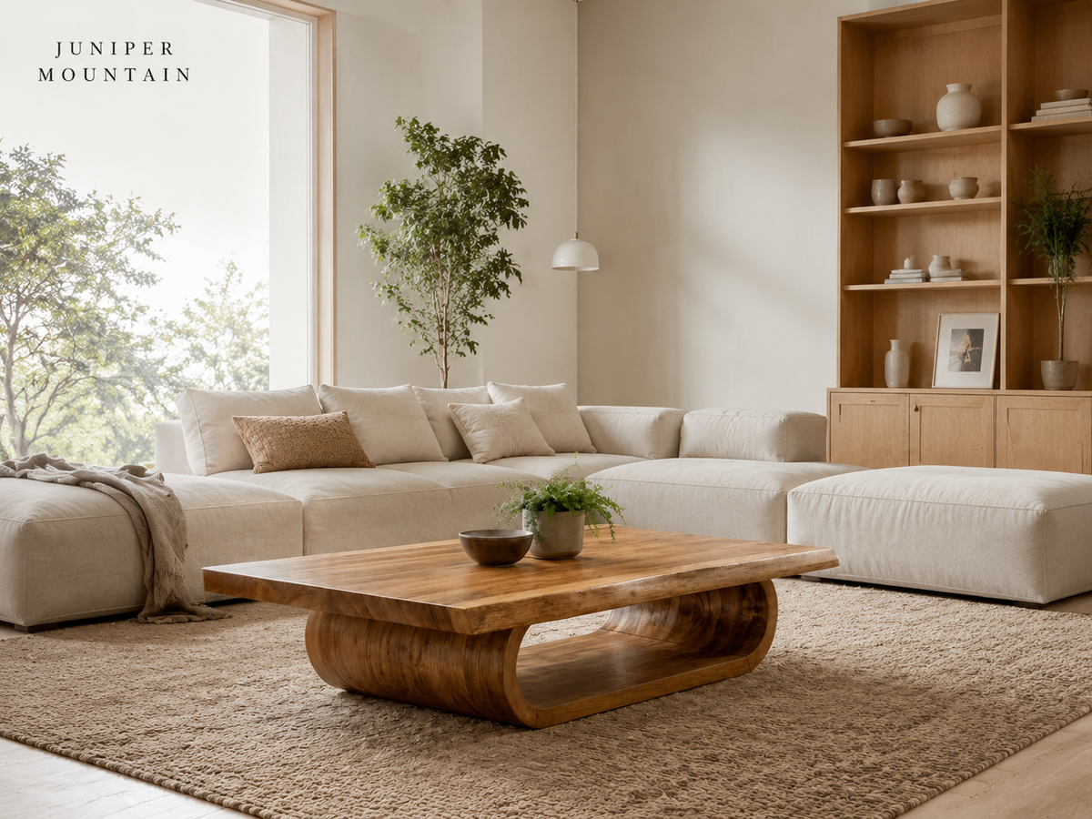 Low sculptural wood coffee table in an airy Scandinavian living room