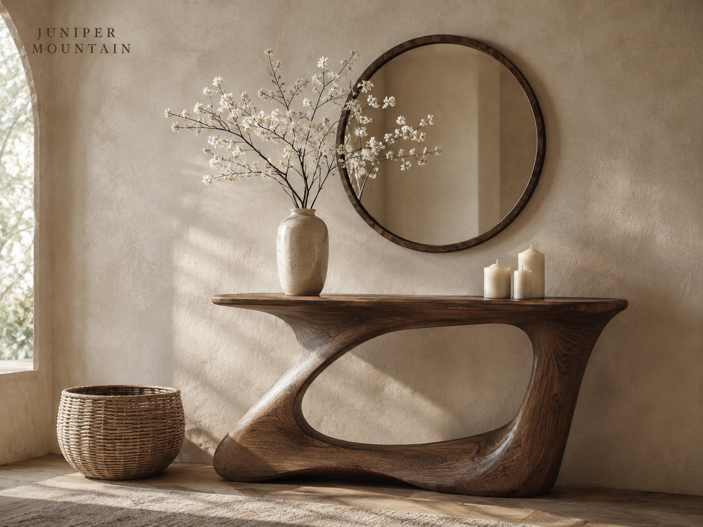 Narrow sculptural curved wood console table in a warm entryway