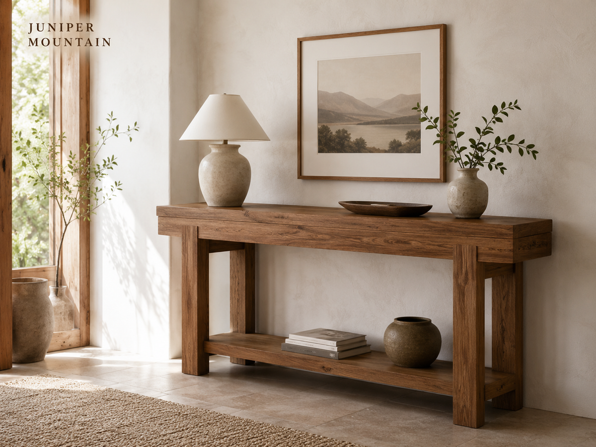 Natural wood console table styled in a calm modern interior