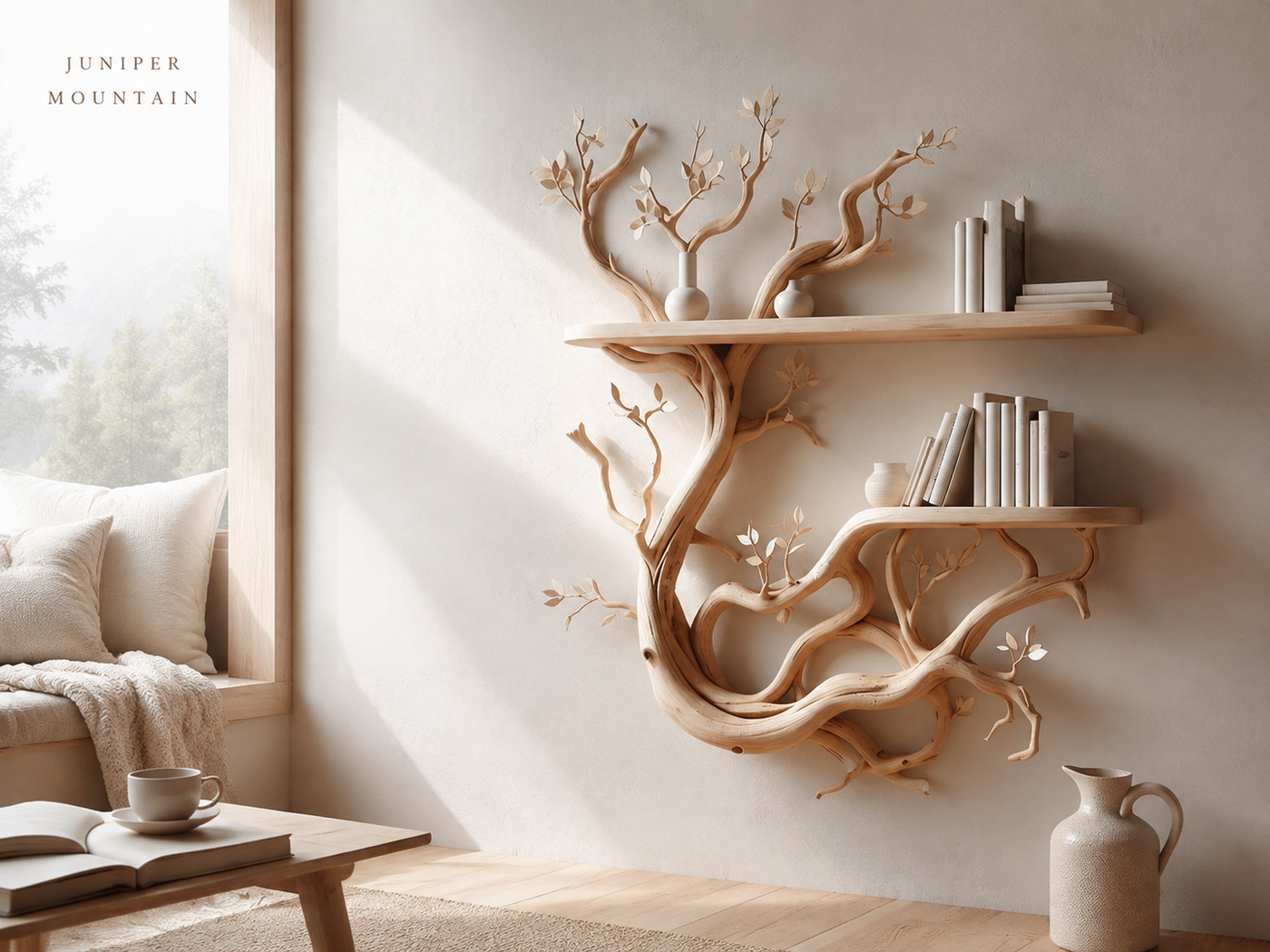 Pale natural wall tree bookshelf in a Scandinavian reading nook with Juniper Mountain logo