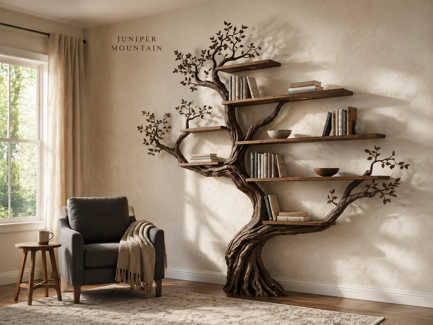Large sculptural wall tree bookshelf in a reading room with Juniper Mountain logo