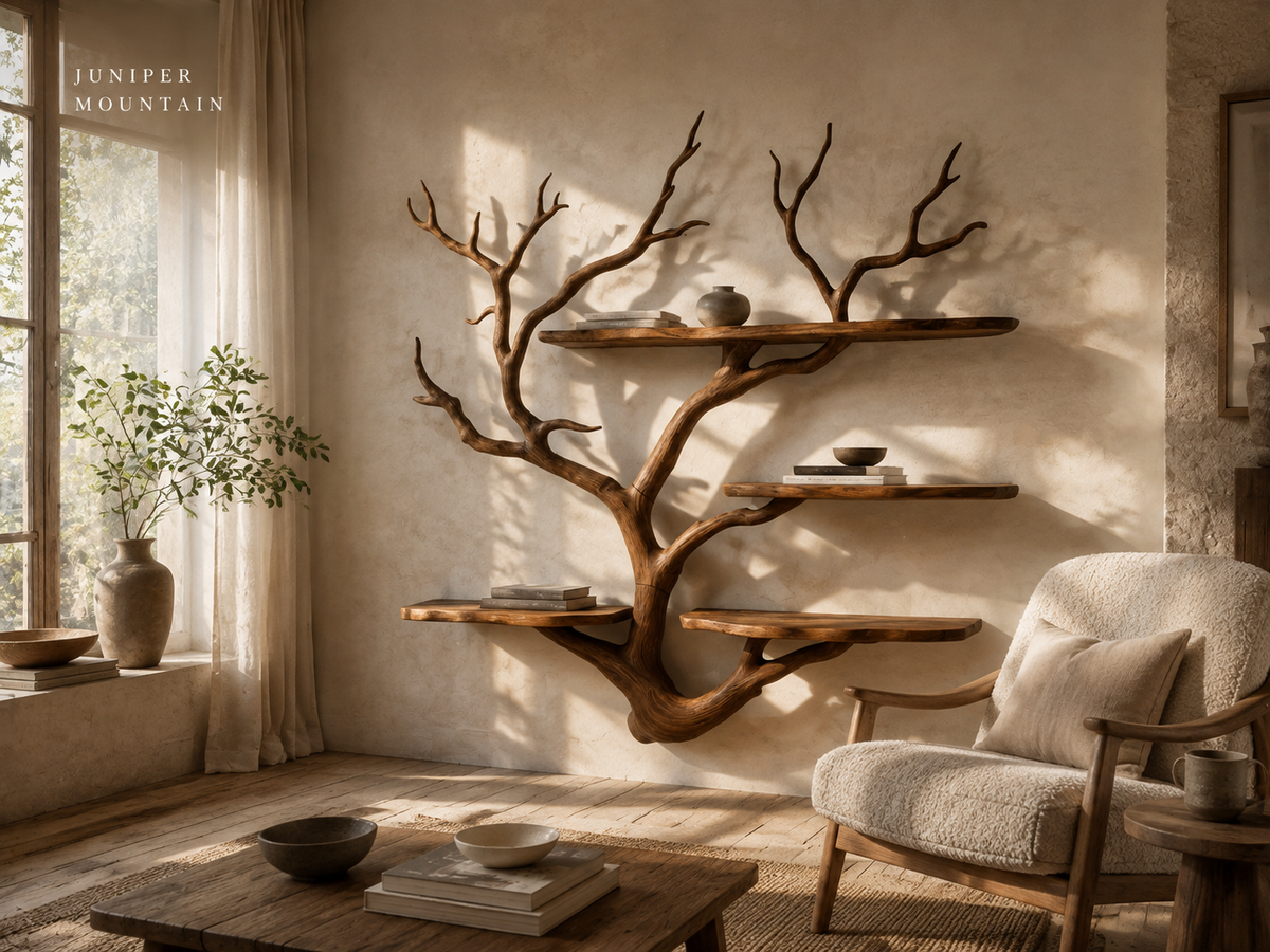 Warm brown wall tree bookshelf in a quiet reading room with Juniper Mountain logo