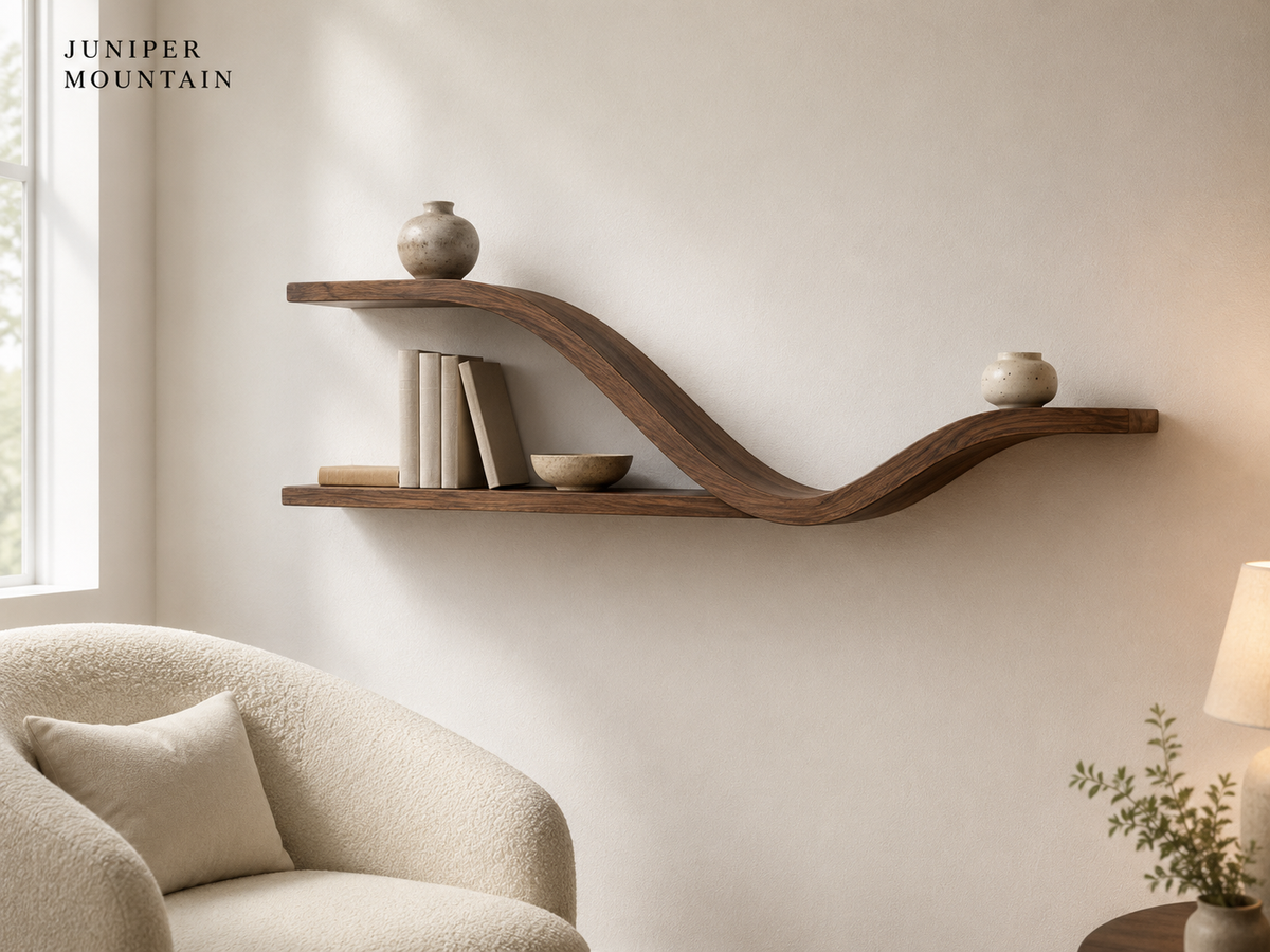 Brown S-curve wall floating shelf on a warm white living room wall