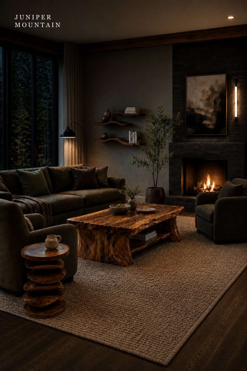 Dark warm organic living room with reclaimed wood furniture and Juniper Mountain wordmark