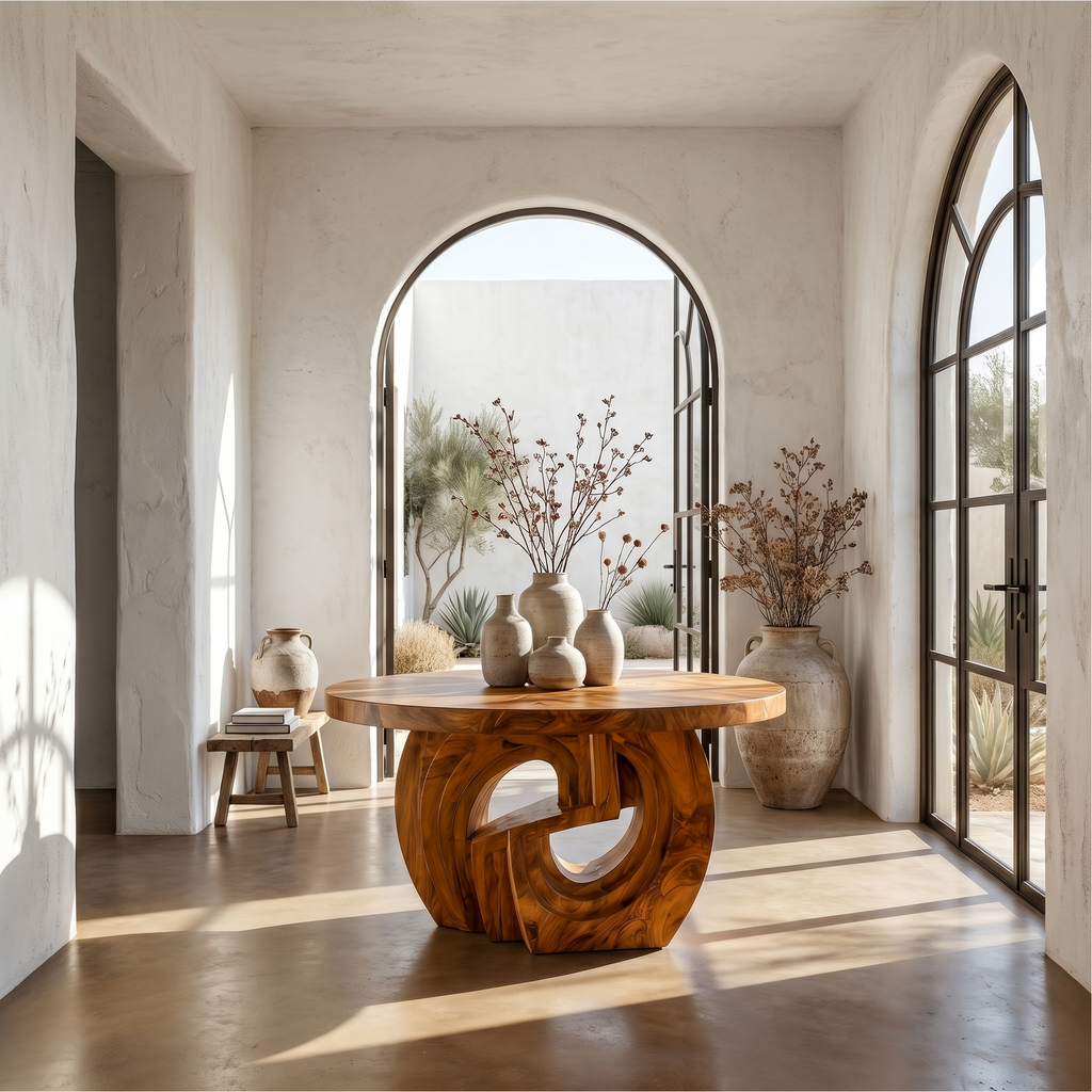 Rustic Foyer Table With Sculptural Ring Pedestal Base For Entryway And Hallway FTHCH022
