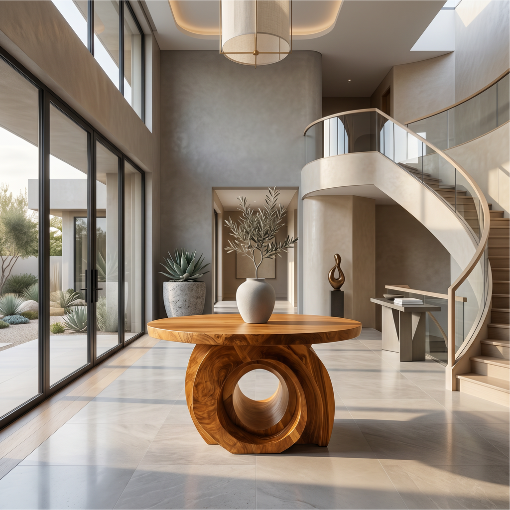 Modern Round Foyer Table With Sculptural Ring Pedestal Base For Entryway And Hallway FTHCH020