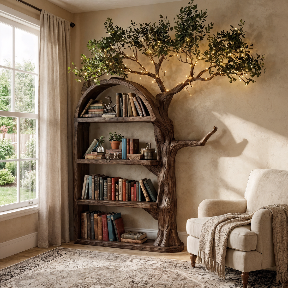 Rustic Tree Bookshelf Living Room Wall Display