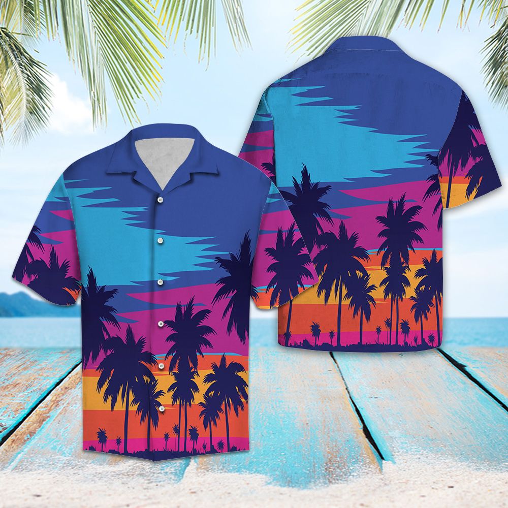 Evening On The Beach With Palm Trees Hawaiian Shirt, Summer Short Sleeve Shirts, Sunset Aloha Shirts