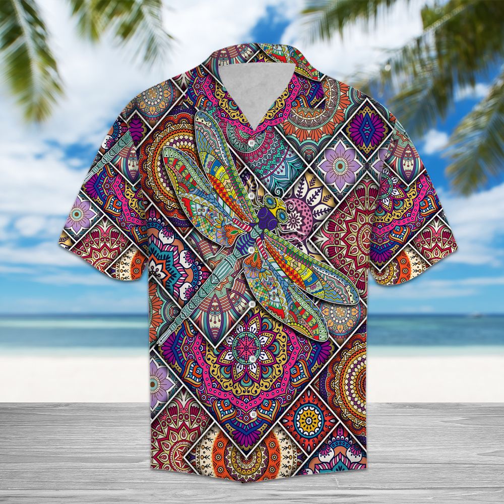 Dragonfly Mandala Hawaiian Shirt, Summer Short Sleeve Shirts, Mandala Aloha Shirts