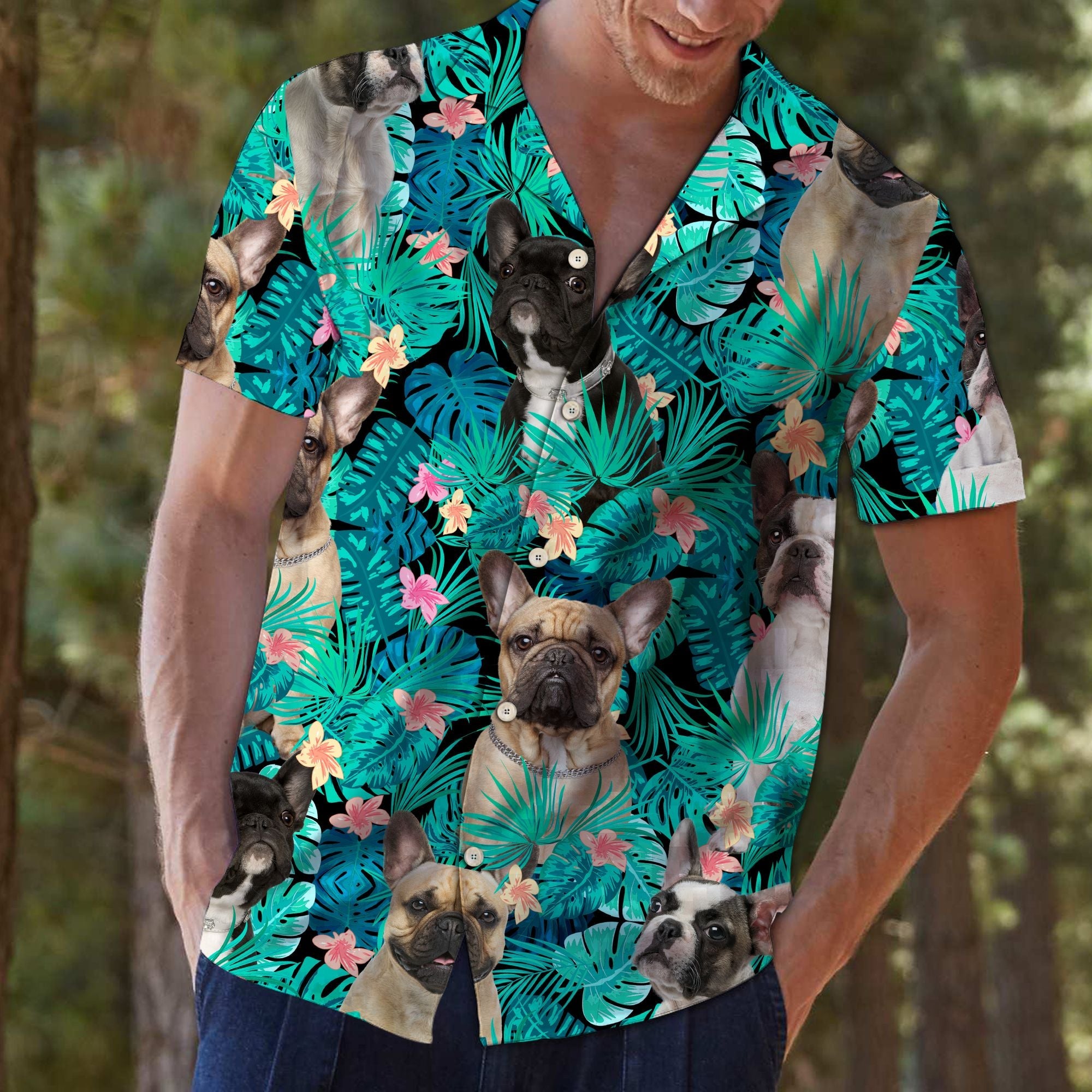 French Bulldog Tropical Hawaiian Shirt, Cute Frenchie Aloha Shirts, Summer Short Sleeve Shirts