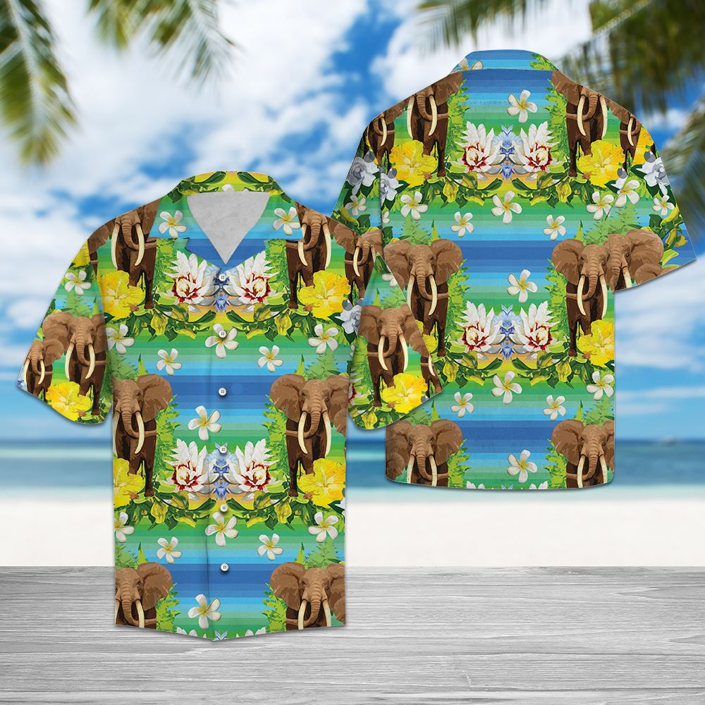 Elephant Tropical Flowers Hawaiian Shirt, Summer Short Sleeve Shirts, Floral Aloha Shirts