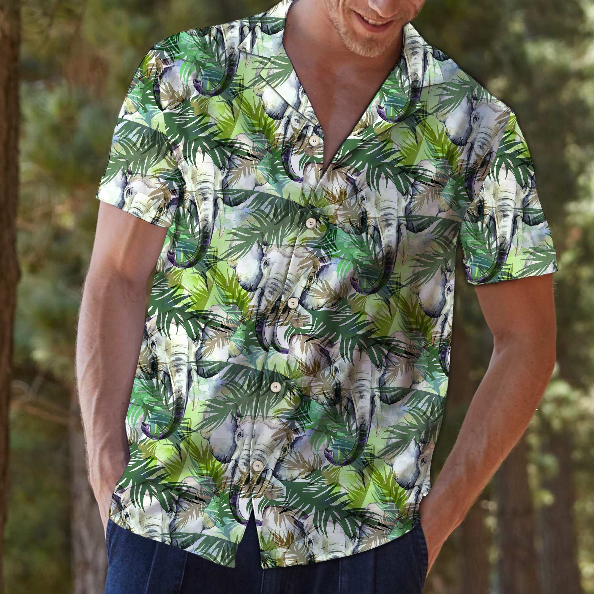 Elephant Tropical Palm Leaves Hawaiian Shirt, Tropical Aloha Shirts, Summer Short Sleeve Shirts