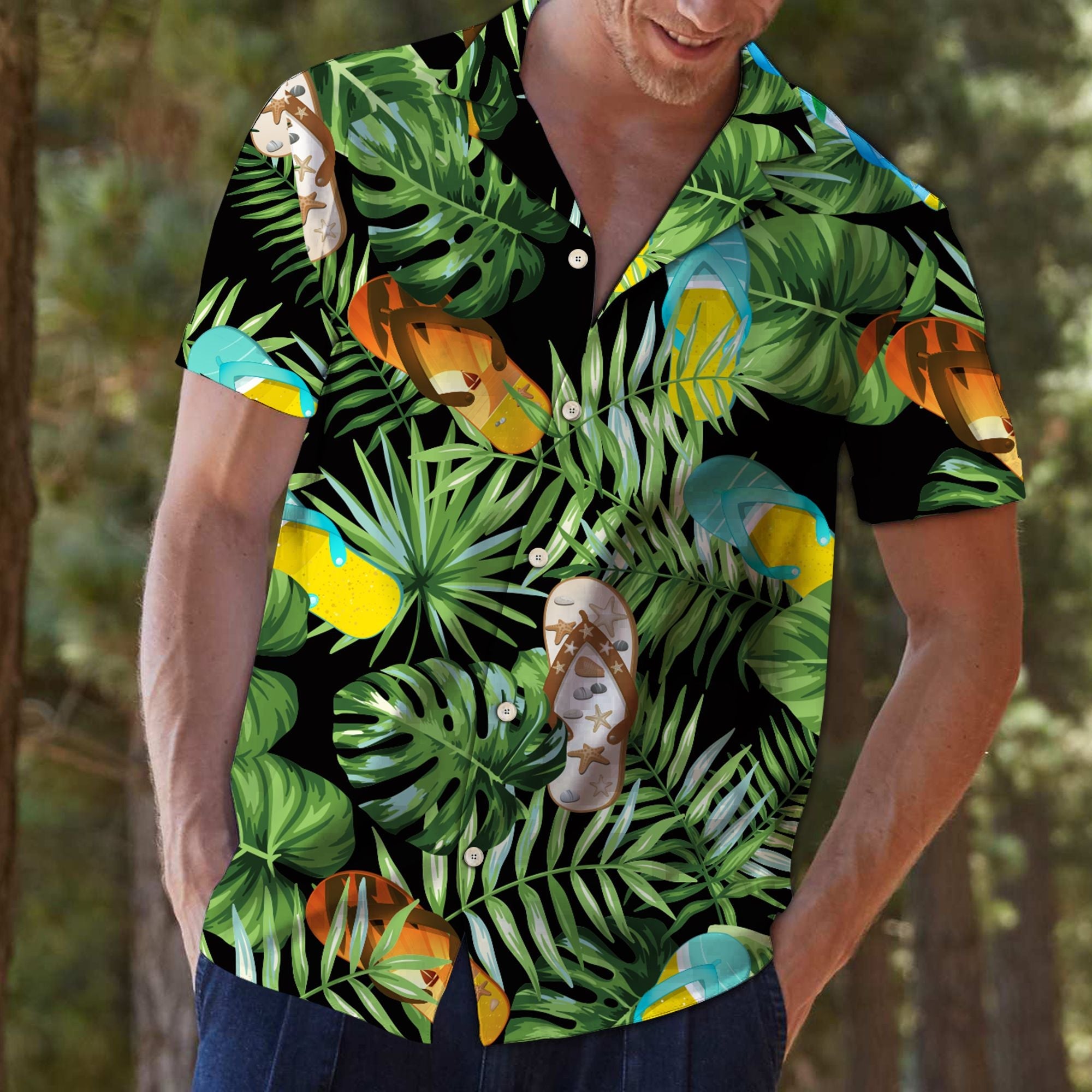 Flip Flop Green Tropical Hawaiian Shirt, Beach Aloha Shirts, Summer Short Sleeve Shirts