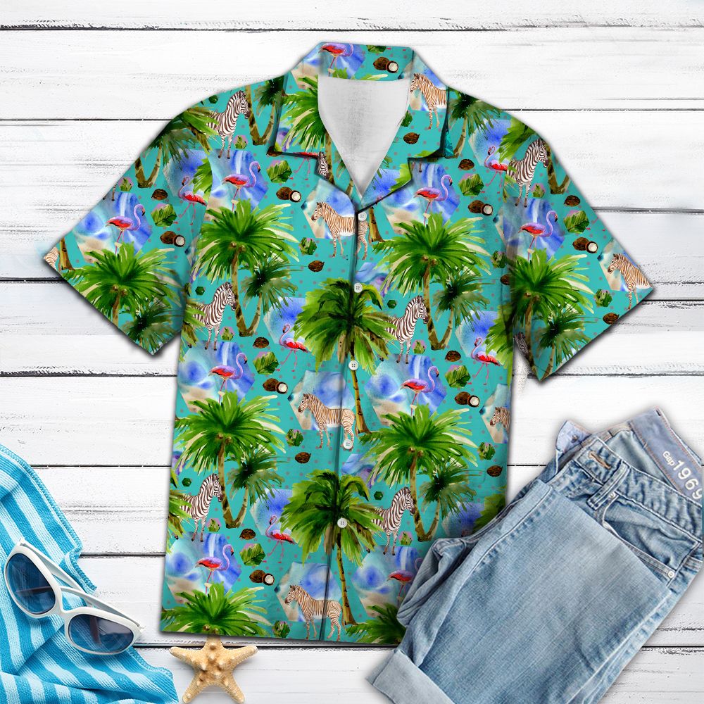 Flamingo Zebra Hawaiian Shirt, Tropical Aloha Shirts, Summer Short Sleeve Shirts