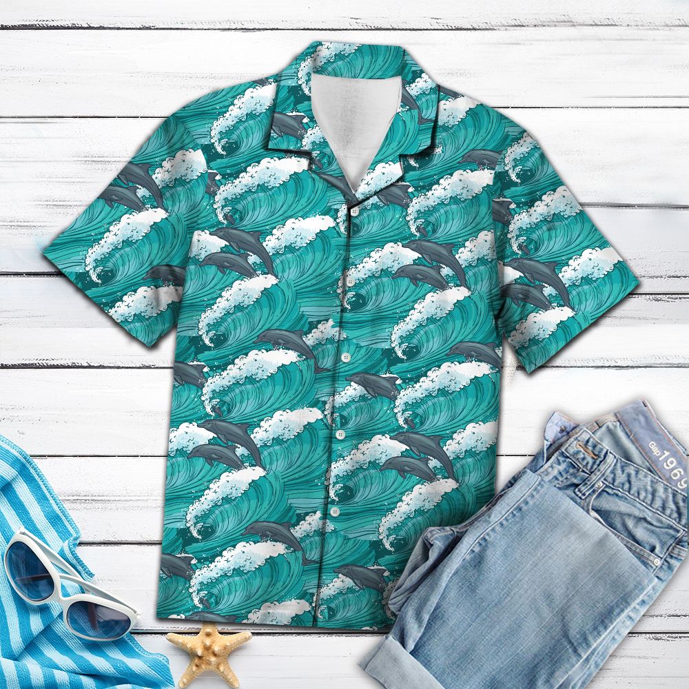 Dolphin Waves Hawaiian Shirt, Summer Short Sleeve Shirts, Ocean Aloha Shirts