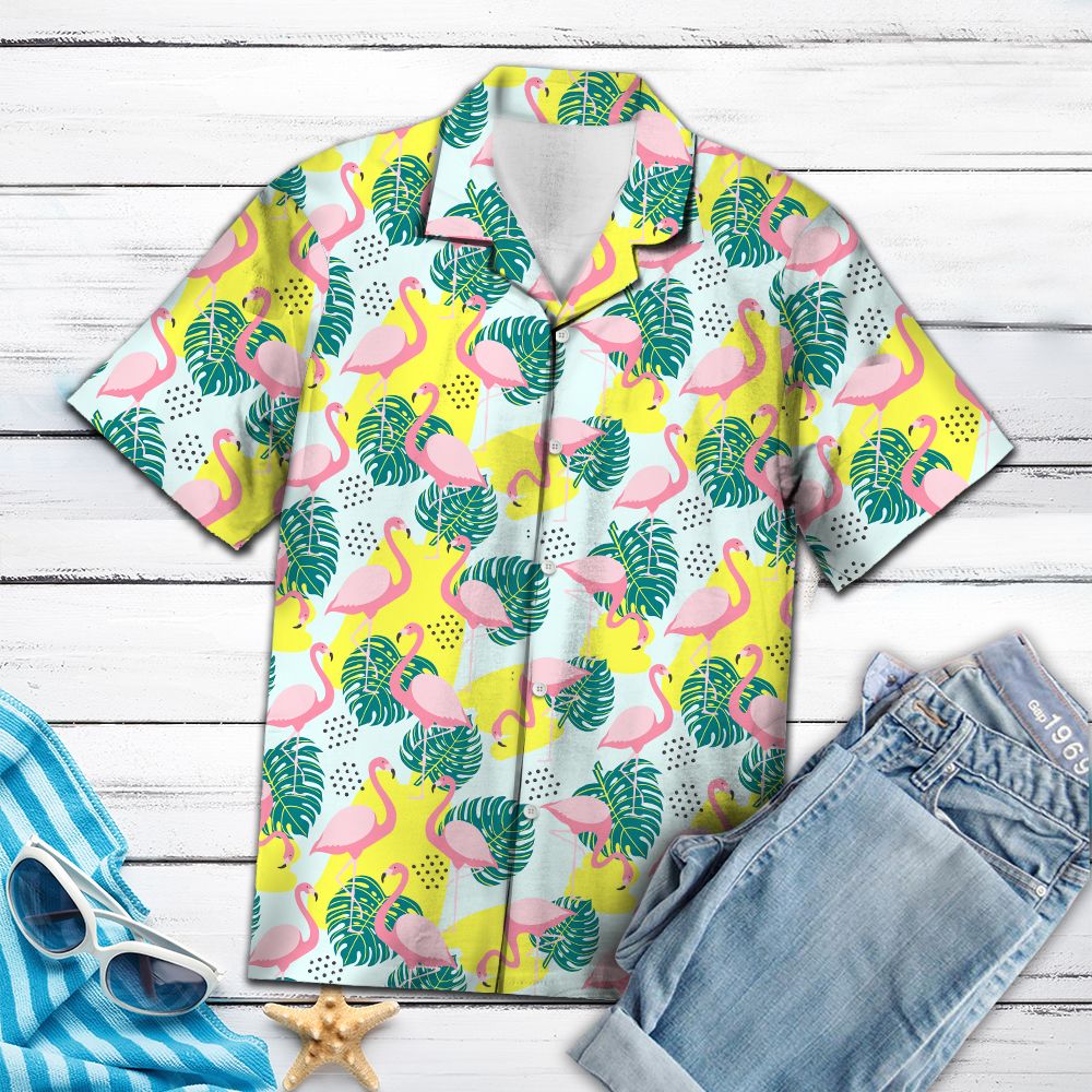 Flamingo Palm Leaves Hawaiian Shirt, Tropical Aloha Shirts, Summer Short Sleeve Shirts