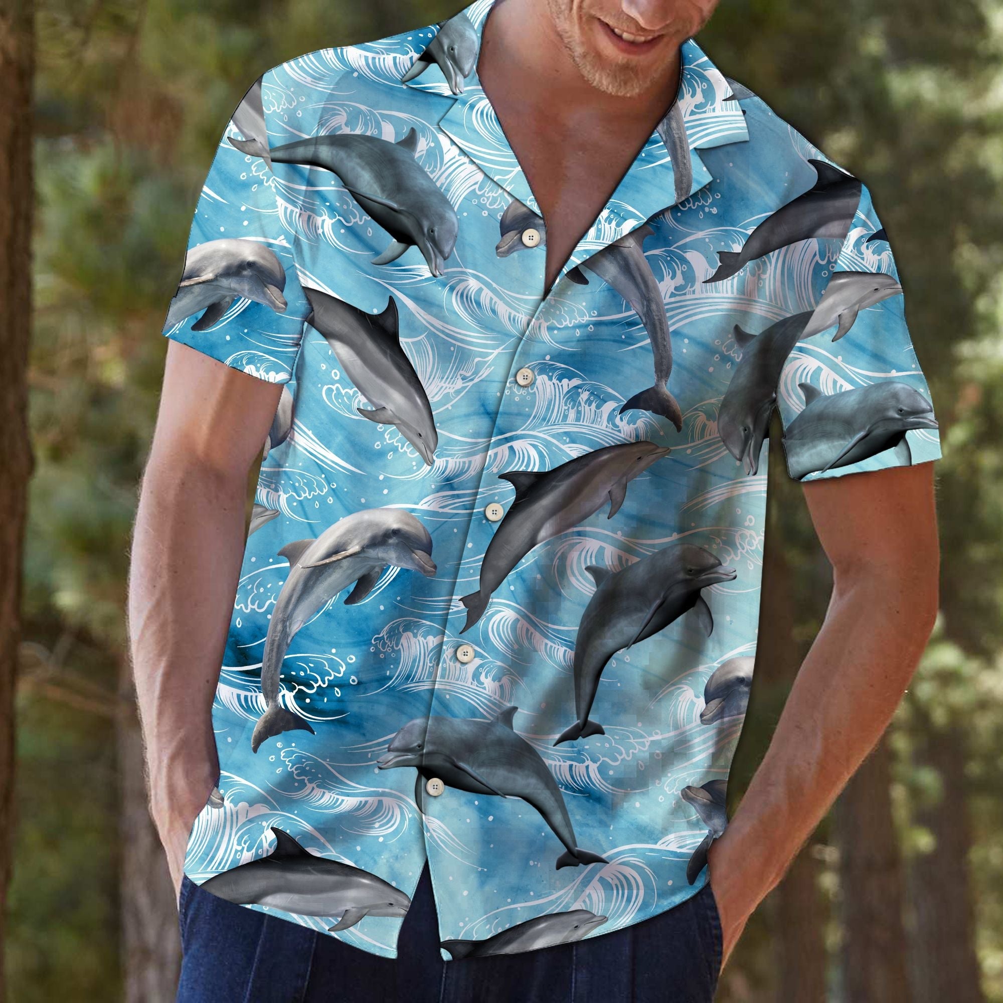 Dolphin Wave Water Hawaiian Shirt, Summer Short Sleeve Shirts, Beach Aloha Shirts