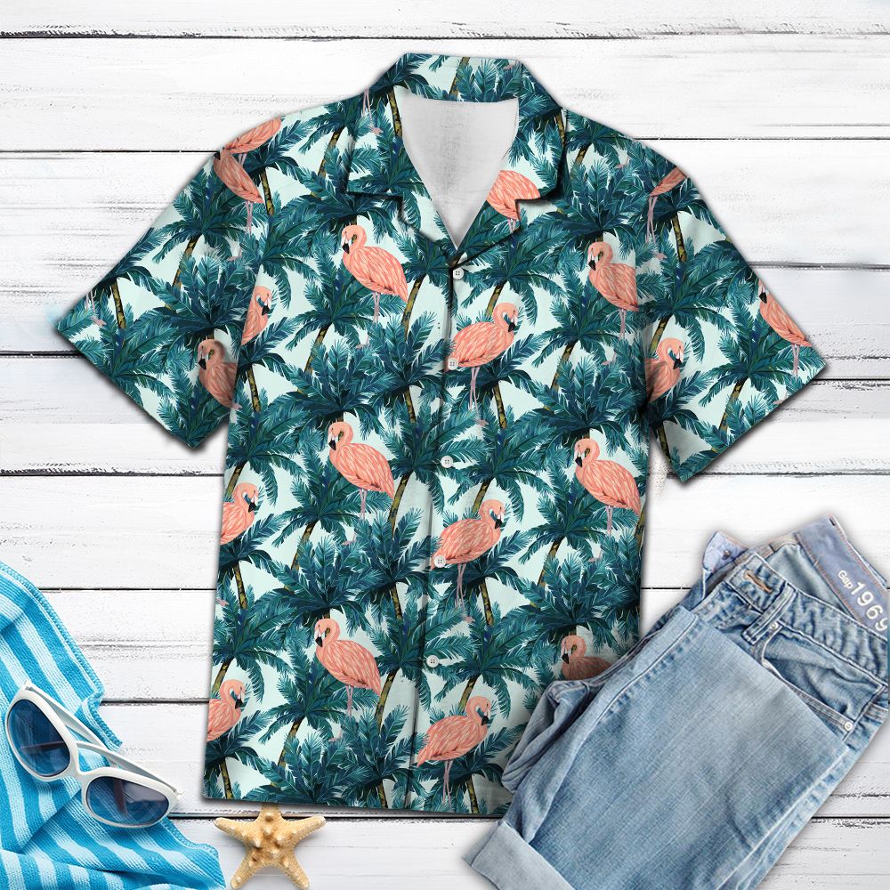 Flamingo Coconut Palm Hawaiian Shirt, Tropical Aloha Shirts, Summer Short Sleeve Shirts